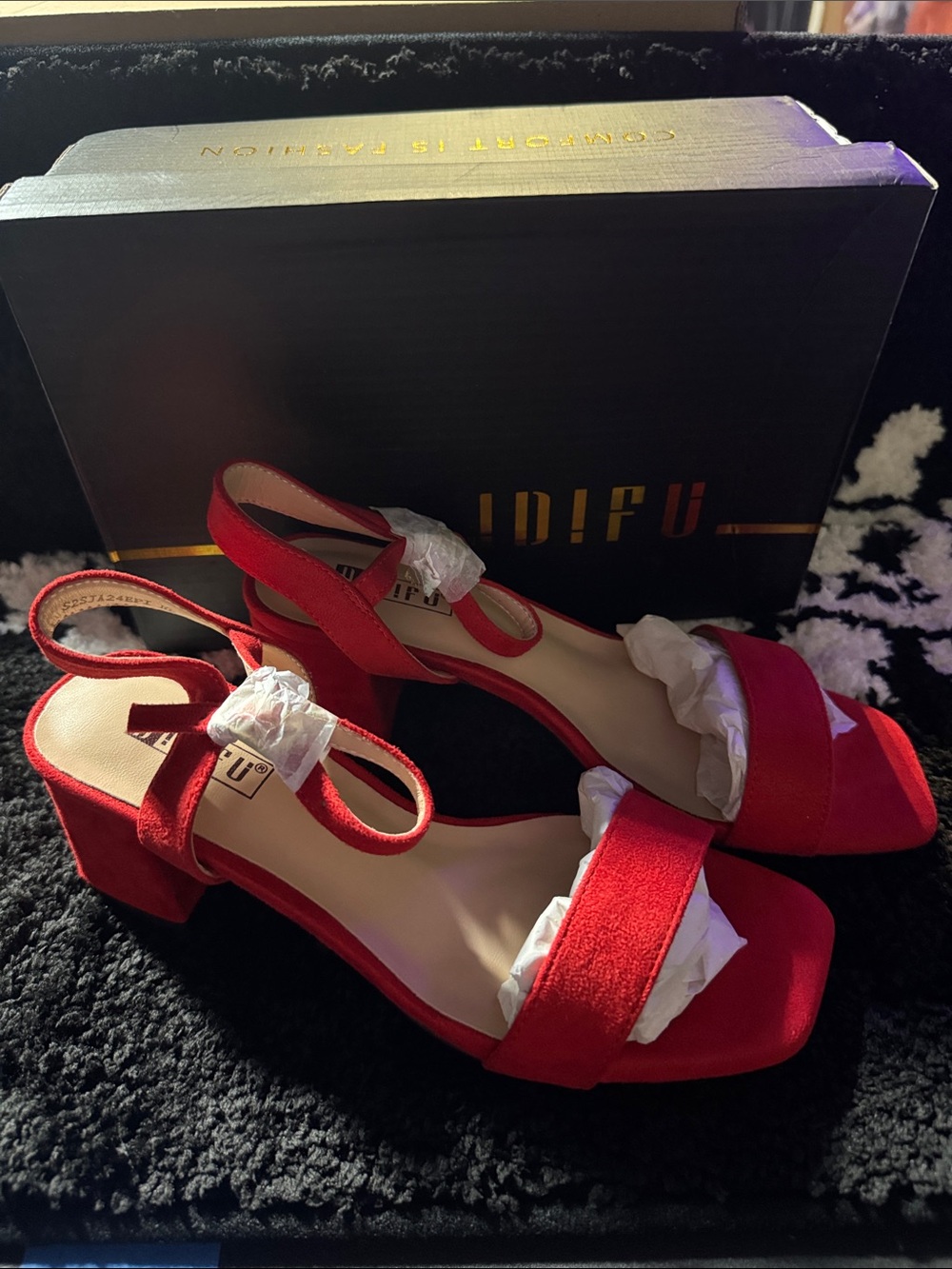 IDIFU Red Suede Block Heel Sandals